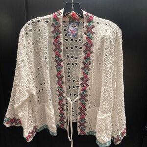NWOT Johnny Was Nera Kimono Embroidered Eyelet Top White Tie Front Bohemian Boho